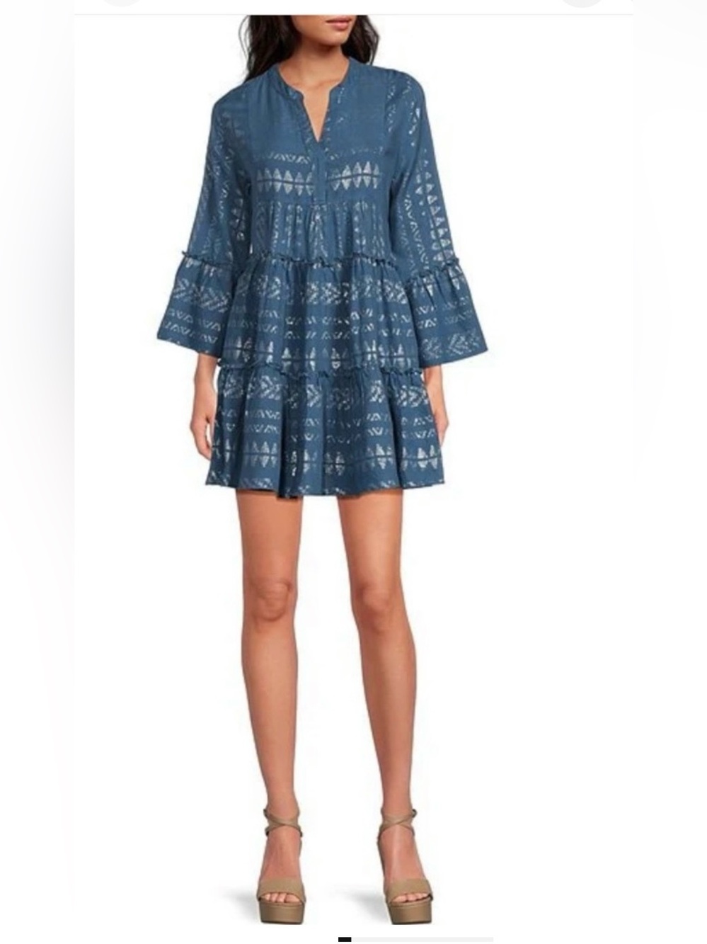 Elan Clara Blue Metallic-Print Tiered Dress